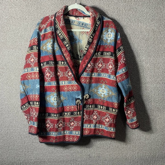 Flashback Tapestry Sweater Women Large Multicolor Printed Shawl‎ Collar Cardigan - Picture 1 of 10